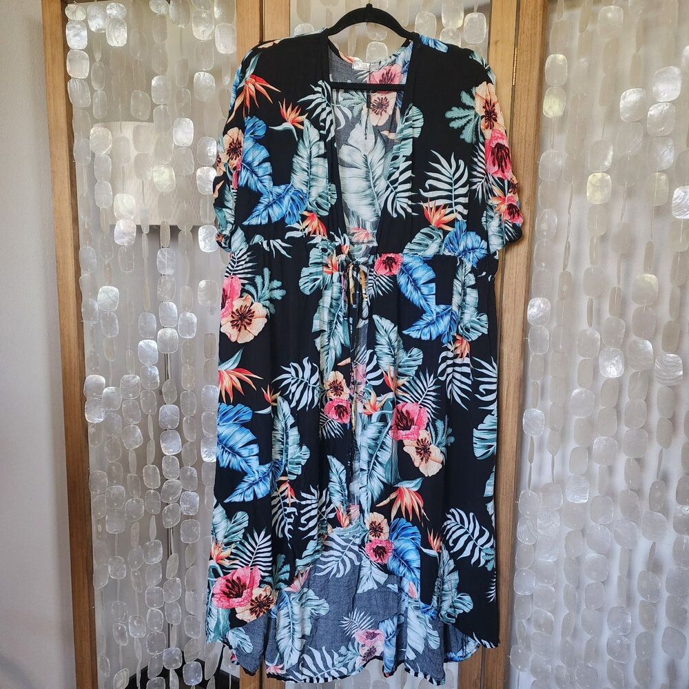 In'Voland 22W Tropical Floral Kimono Cover Up Black Boho Swim Beach Duster Plus